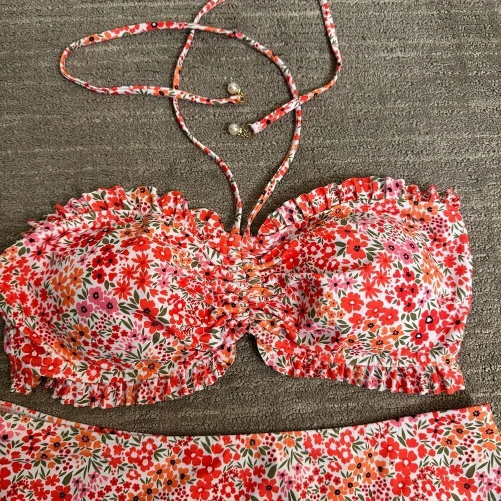 Orange Pink Red Floral Swimsuit Bikini Ruffle Bandeau Halter Top XL NWOT Pink - Image 3