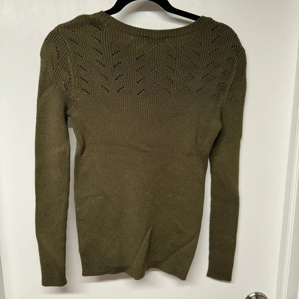 Talbots Womens Olive Green Scoop Neck Sweater Brass Buttons Open Knit Size XS - Image 2