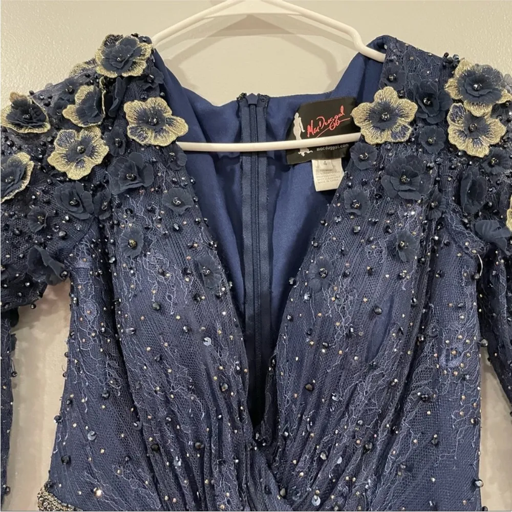 Mac Duggal 67809 Lace Floral Low V-neck Cocktail Midi Dress Gown Midnight 4 - Image 4