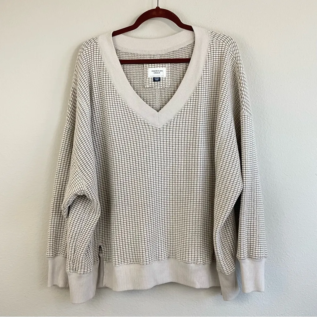 American Eagle AE Big Hug V-Neck Waffle Oversized Sweatshirt Cream Size M - Image 3