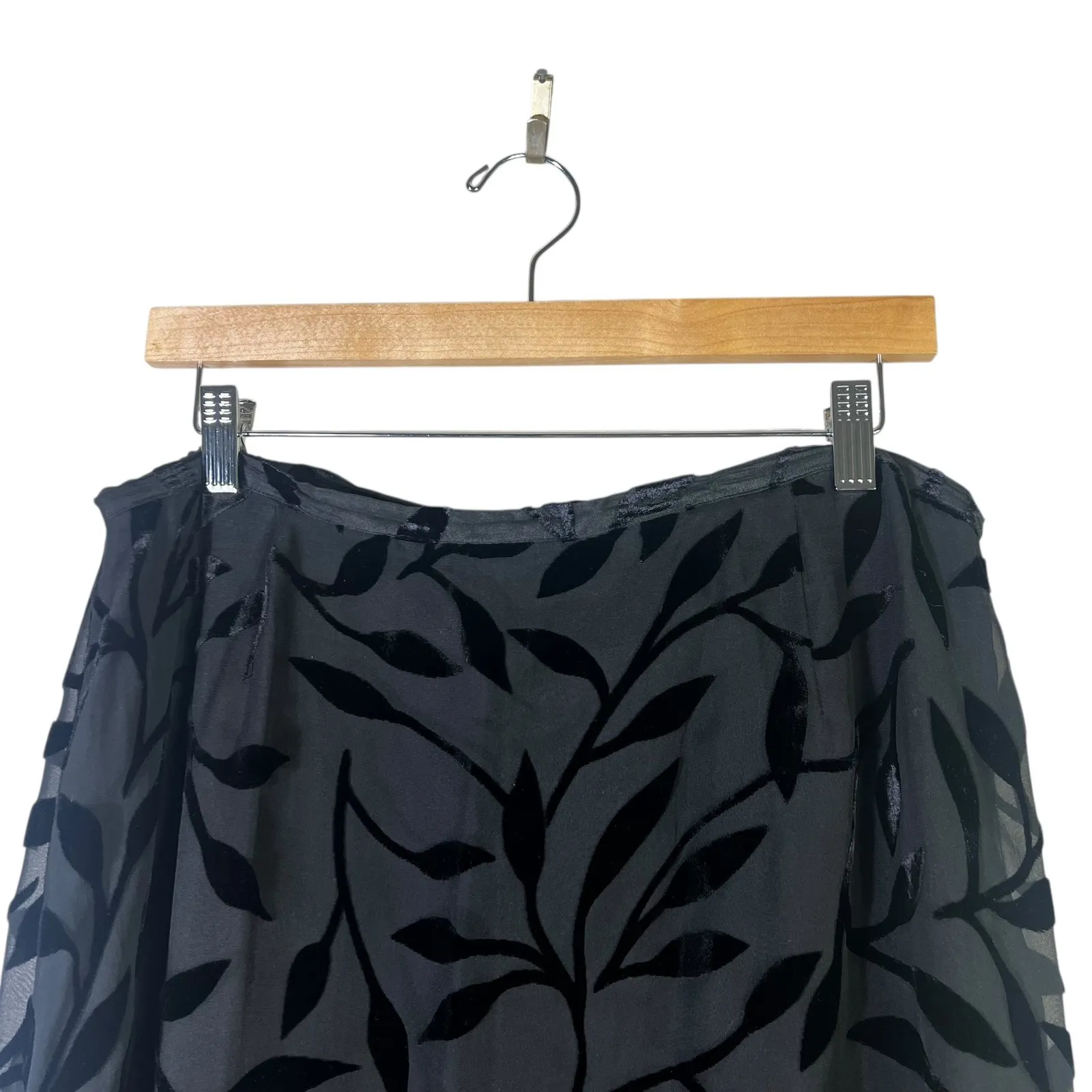 Black Velvet Leaf Print Sheer Mesh Top Skirt Set Womens Elegant Evening Occasion - Image 7