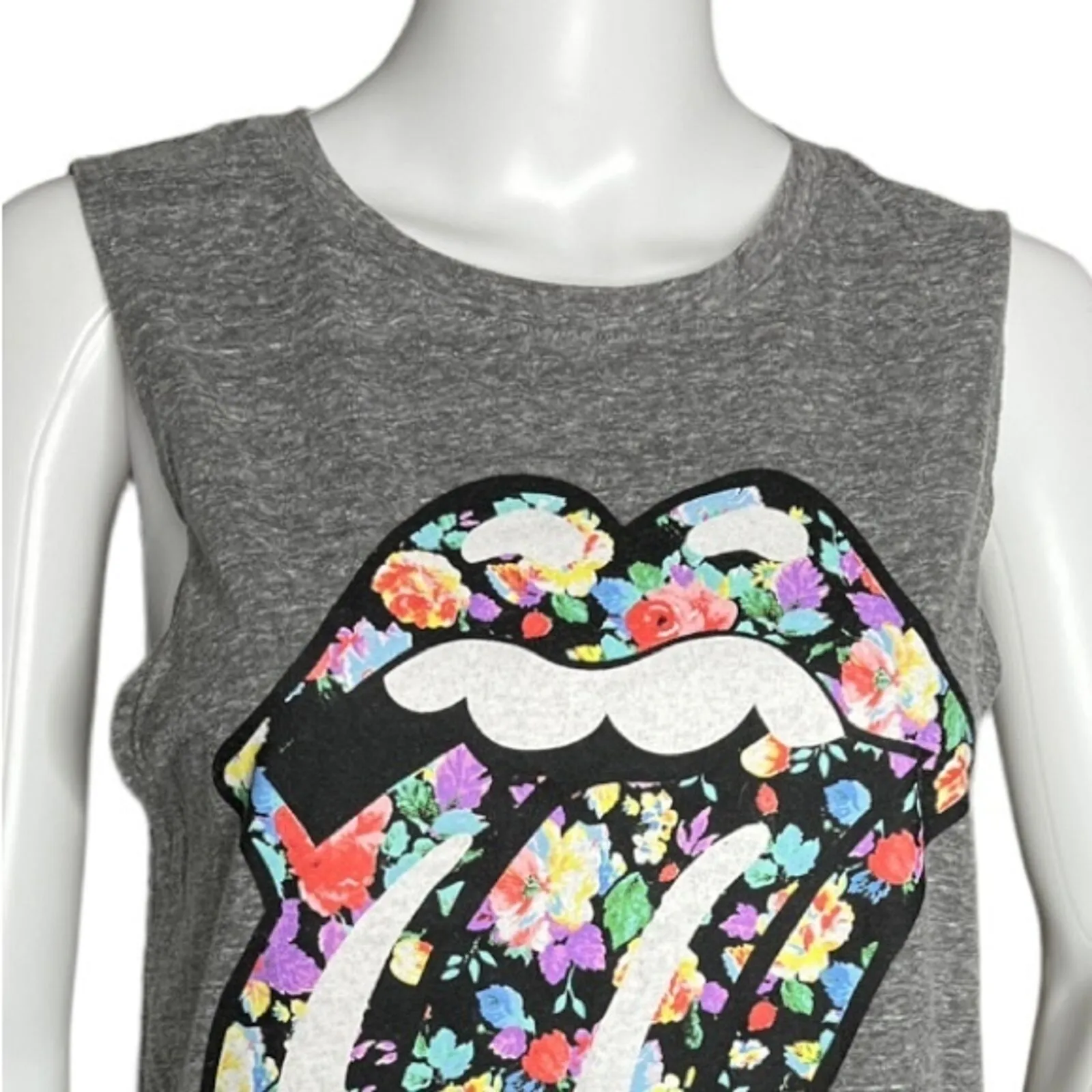 Bravado Rolling Stones Shirt‎ Womens Medium Gray Floral Lips Tongue Muscle Tee - Image 4
