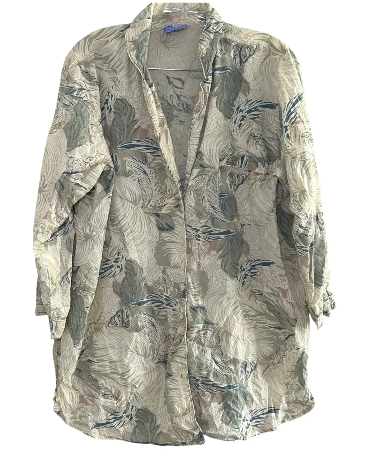 Pine Cone Hill Fine Linens Floral Print Button Down Long Sleeve Sleep Dress Tan Size M - Image 1