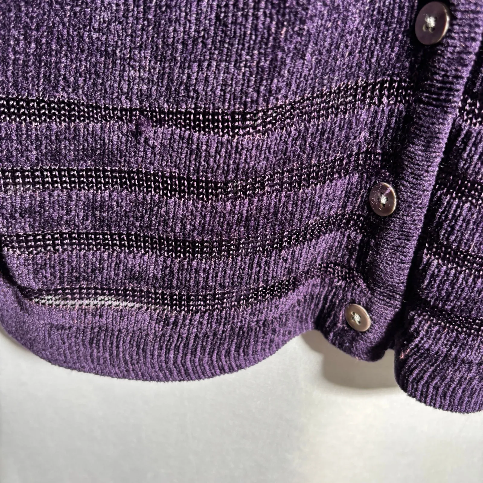 VTG Hillard‎ Hanson Purple Chenille Knit Cardigan Buttons Sheer Stripes V Neck L - Image 8