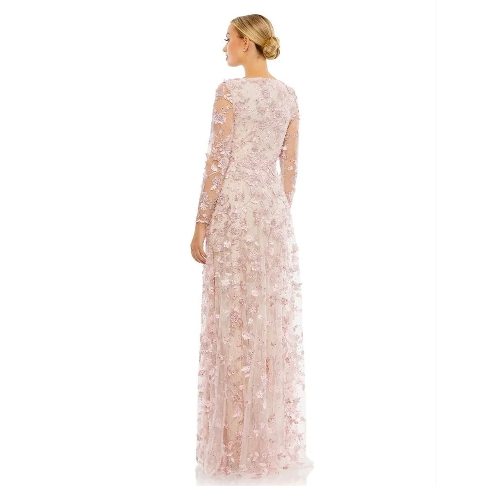 Mac Duggal FLORAL APPLIQUE LONG SLEEVE ILLUSION GOWNR $398 size 4 - Image 4
