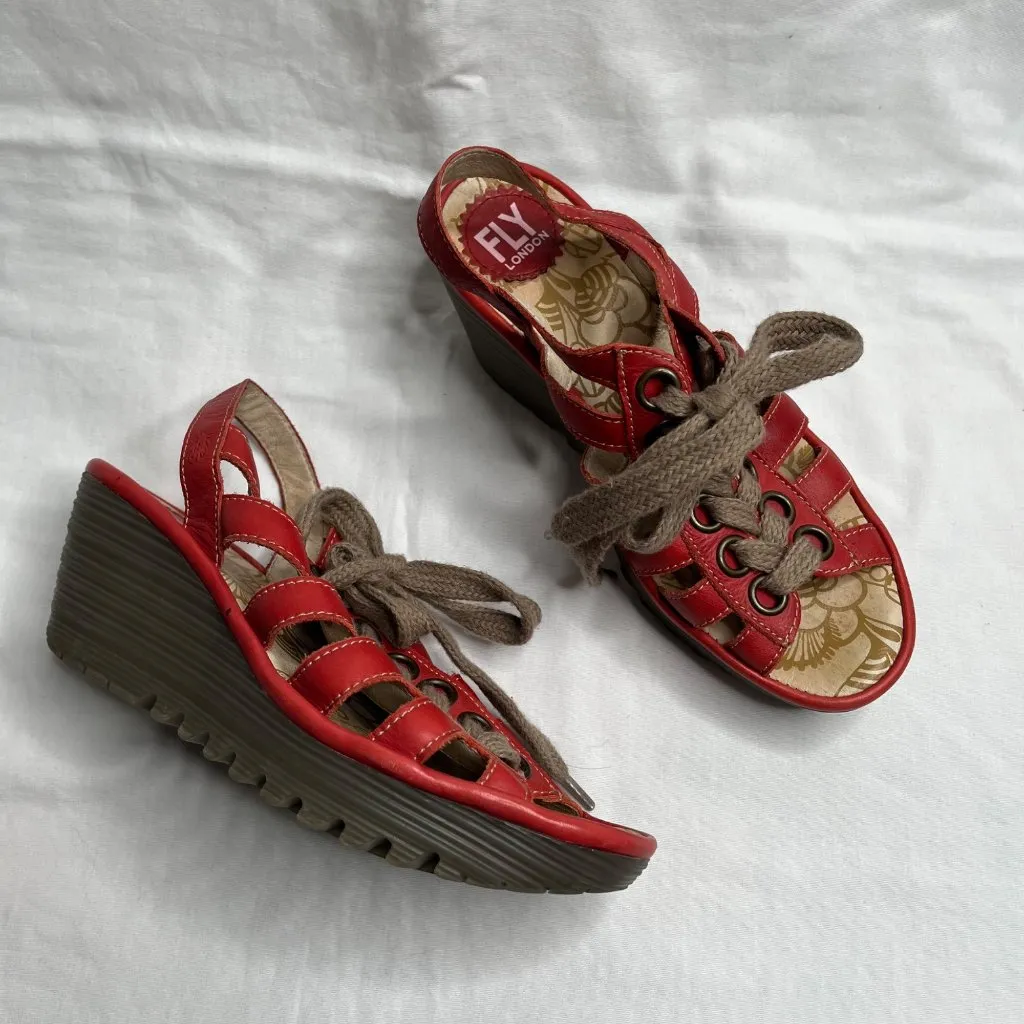 Fly London Yito Red Leather Lace Up Wedge Sandal Shoes EU 37 - Image 5