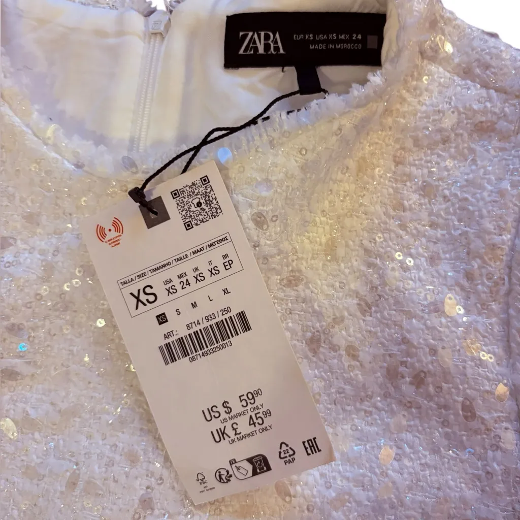 Zara Mini Sequin Dress White Fringed Short Sleeve Womens Size XS NWT - Image 9