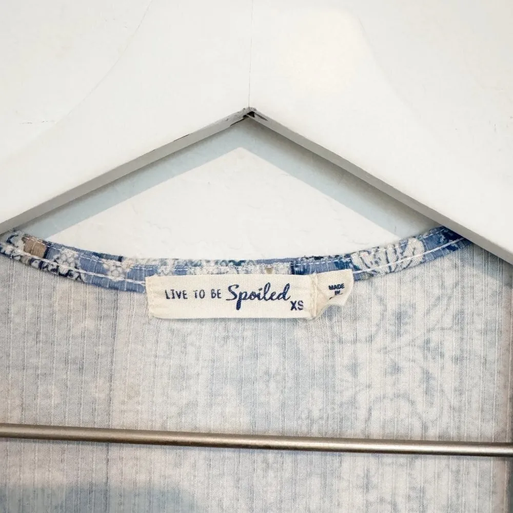 Boho Floral Long Open Front Cardigan in Blue White Bohemian Peasant Slit Size XS - Image 5