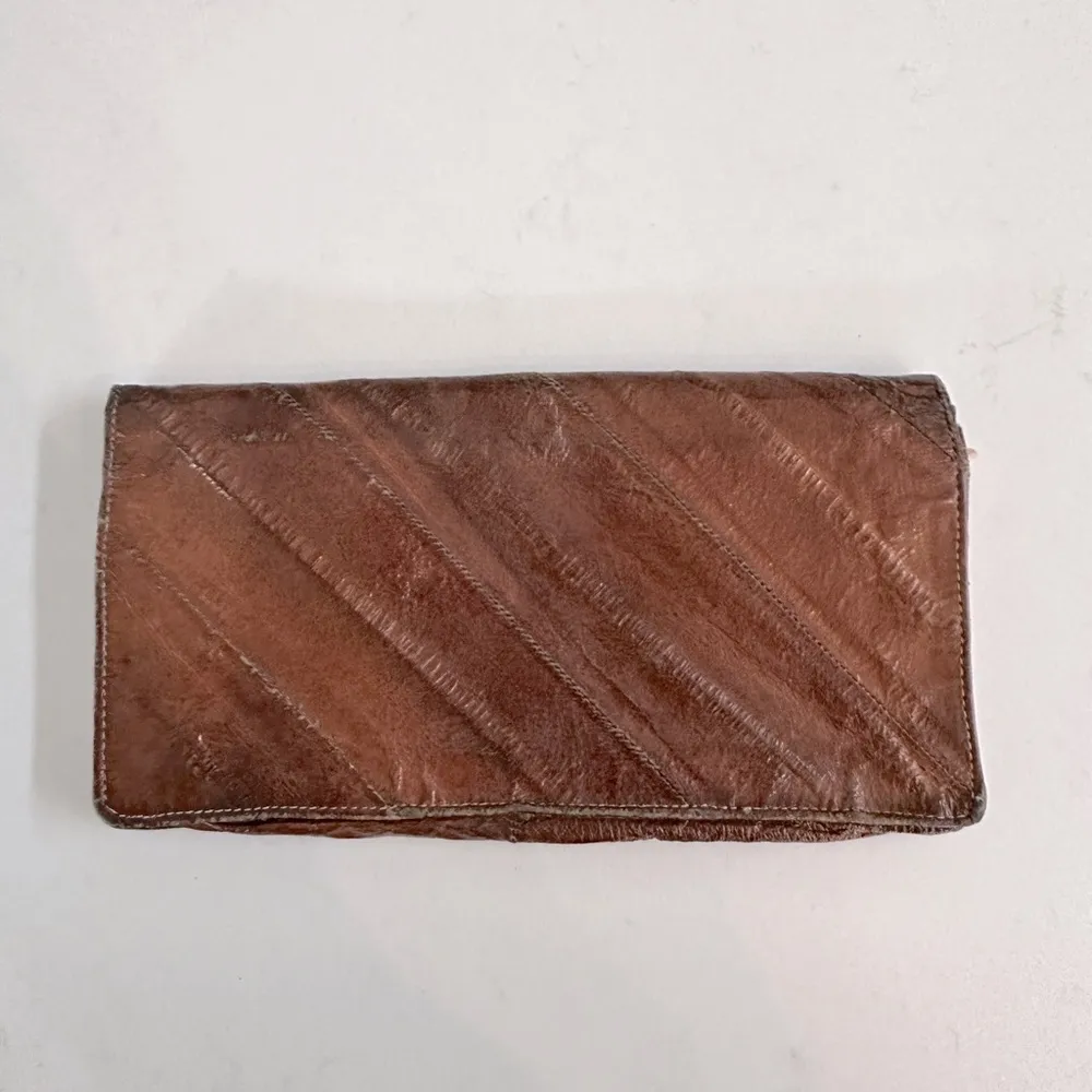 VINTAGE BROWN EEL SKIN LONG CHECKBOOK WALLET - Image 2