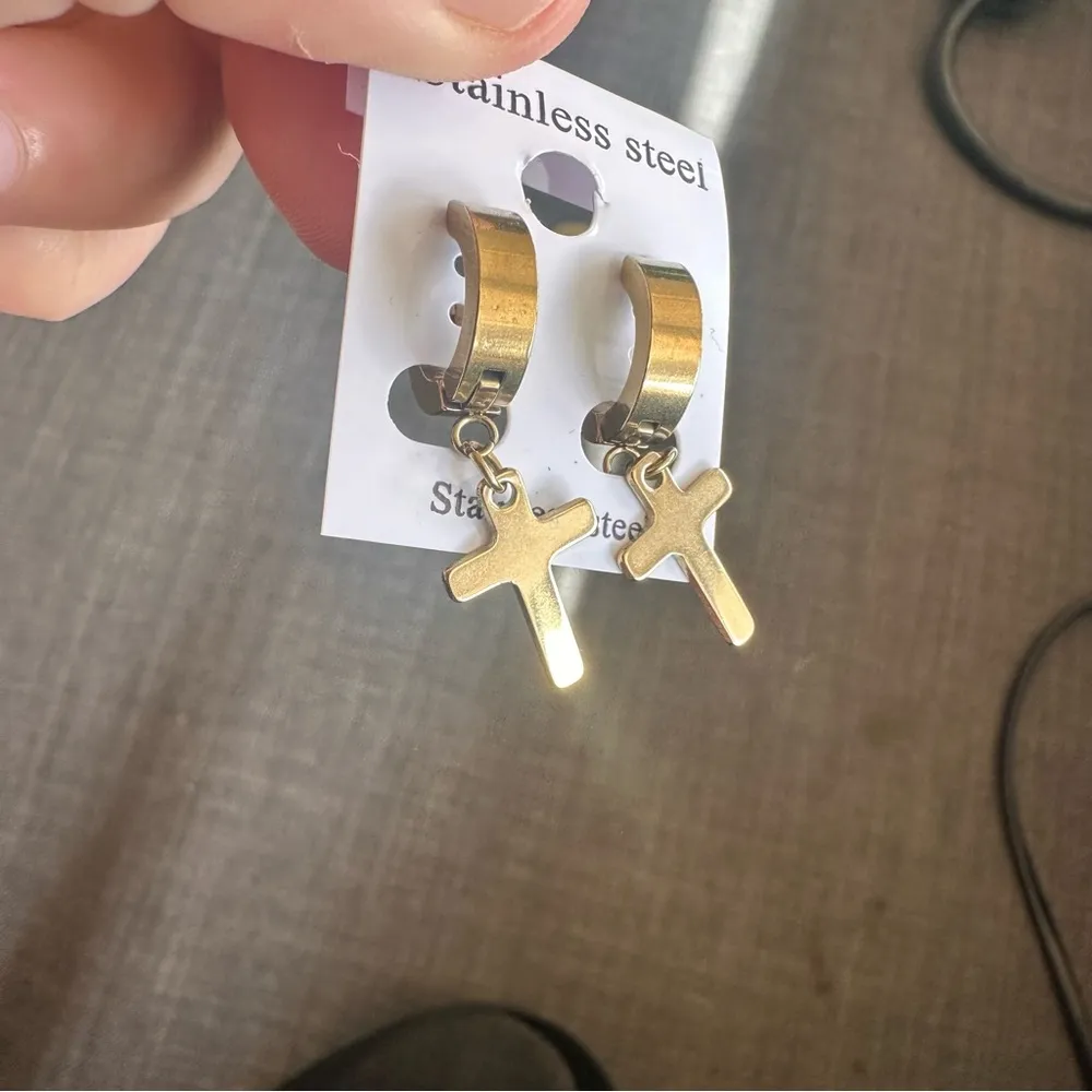 Pair Stainless Steel Gold Huggie Hinged Hoop Earrings with Cross - Image 4