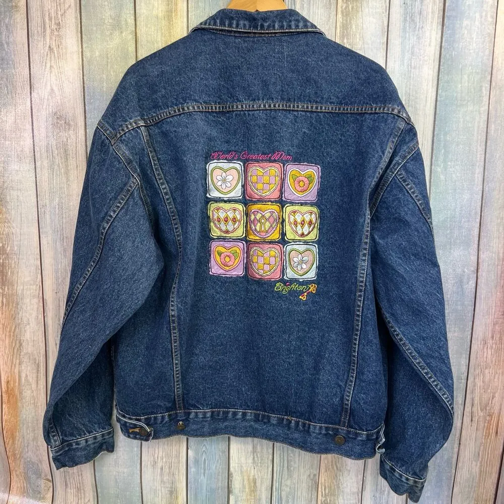 Brighton Vintage Denim Jean Jacket Size Large Worlds Best Mom Embroidery - Image 4