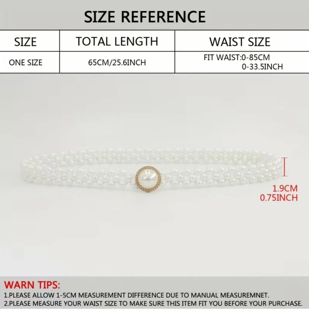 Elegant Faux Pearl Chain Elastic Round Pearl Silver Plated‎ Buckle Belt White - Image 5