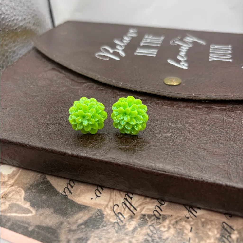 Green Mini Mum Flower Stud Earrings | New Floral Jewelry | Glitter Studs - Image 5