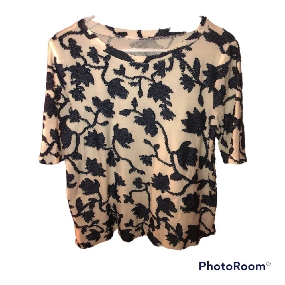 LOFT Embroidered Stitched Floral Vine Navy Blue Knit - Image 2