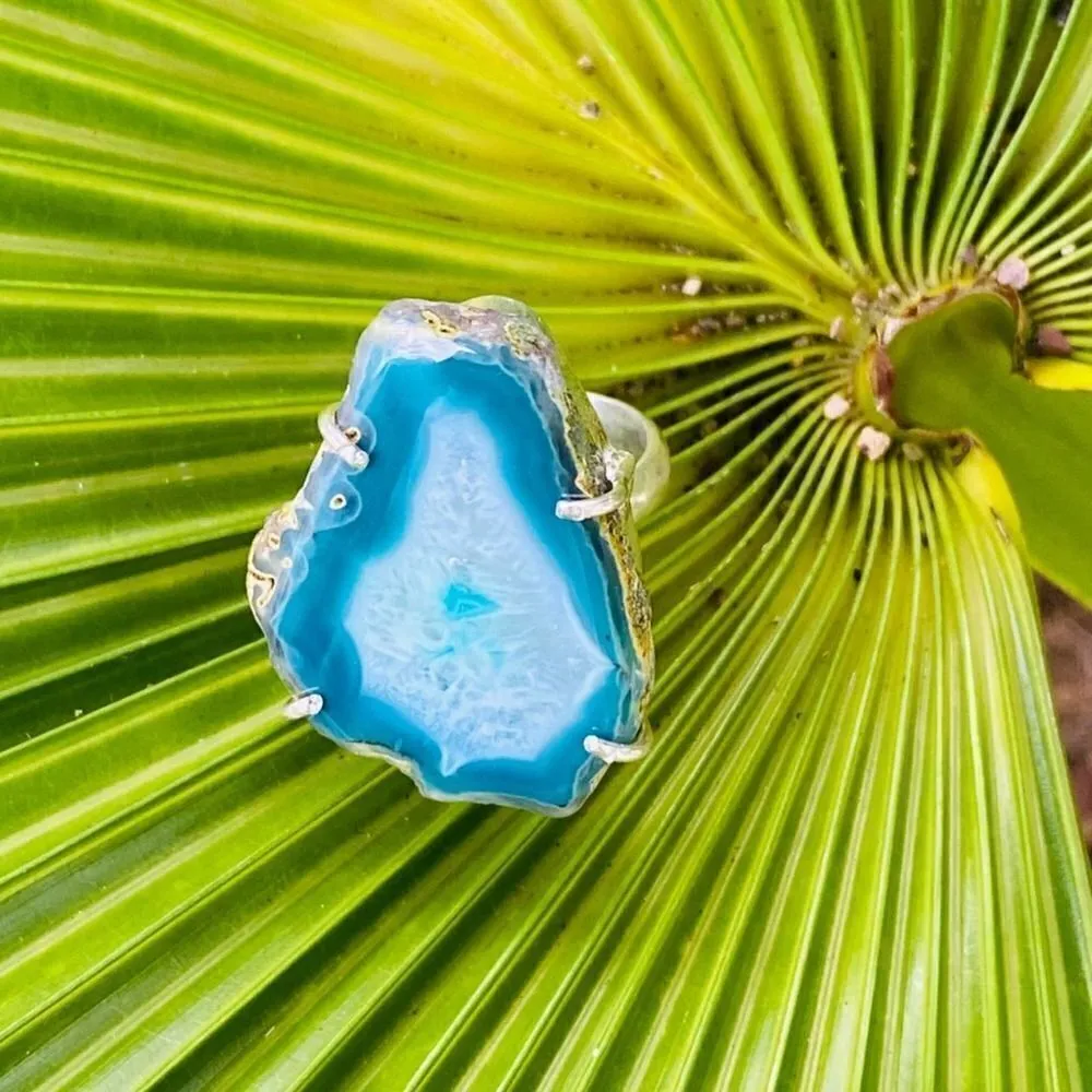 Marine Blue Agate Geode Sterling Silver Ring Size 6 - Image 8