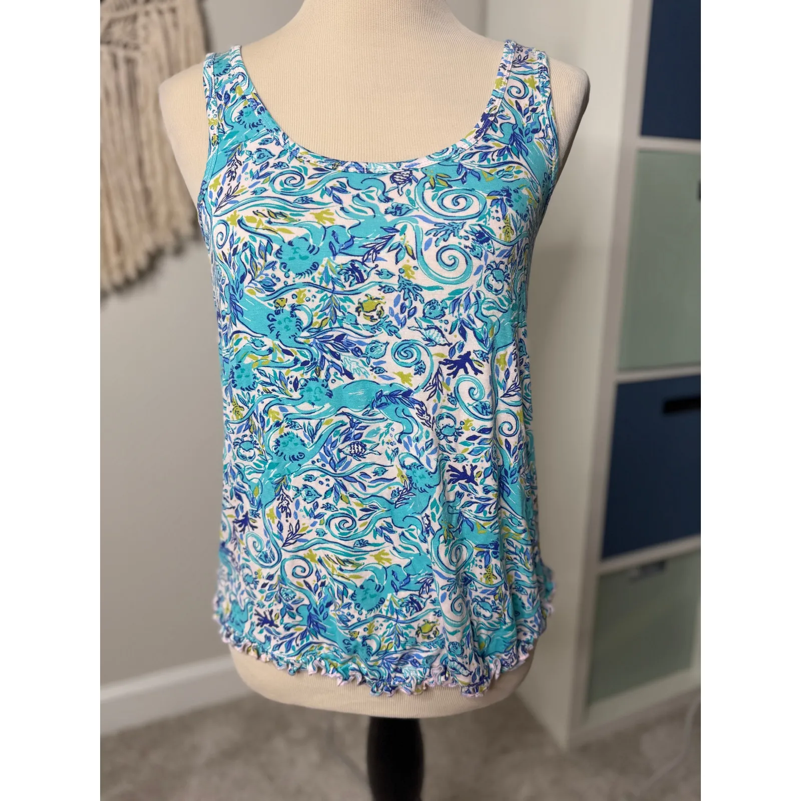 Lilly Pulitzer Blue Melon Fig Monkey Sea Print Ruffle PJs Tank Top Shirt Small - Image 2