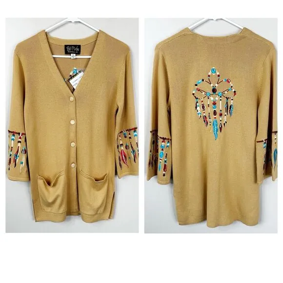 Bob Mackie Cardigan Sweater XS Embroidered Feathers Wearable Art Dream Catcher - Image 3