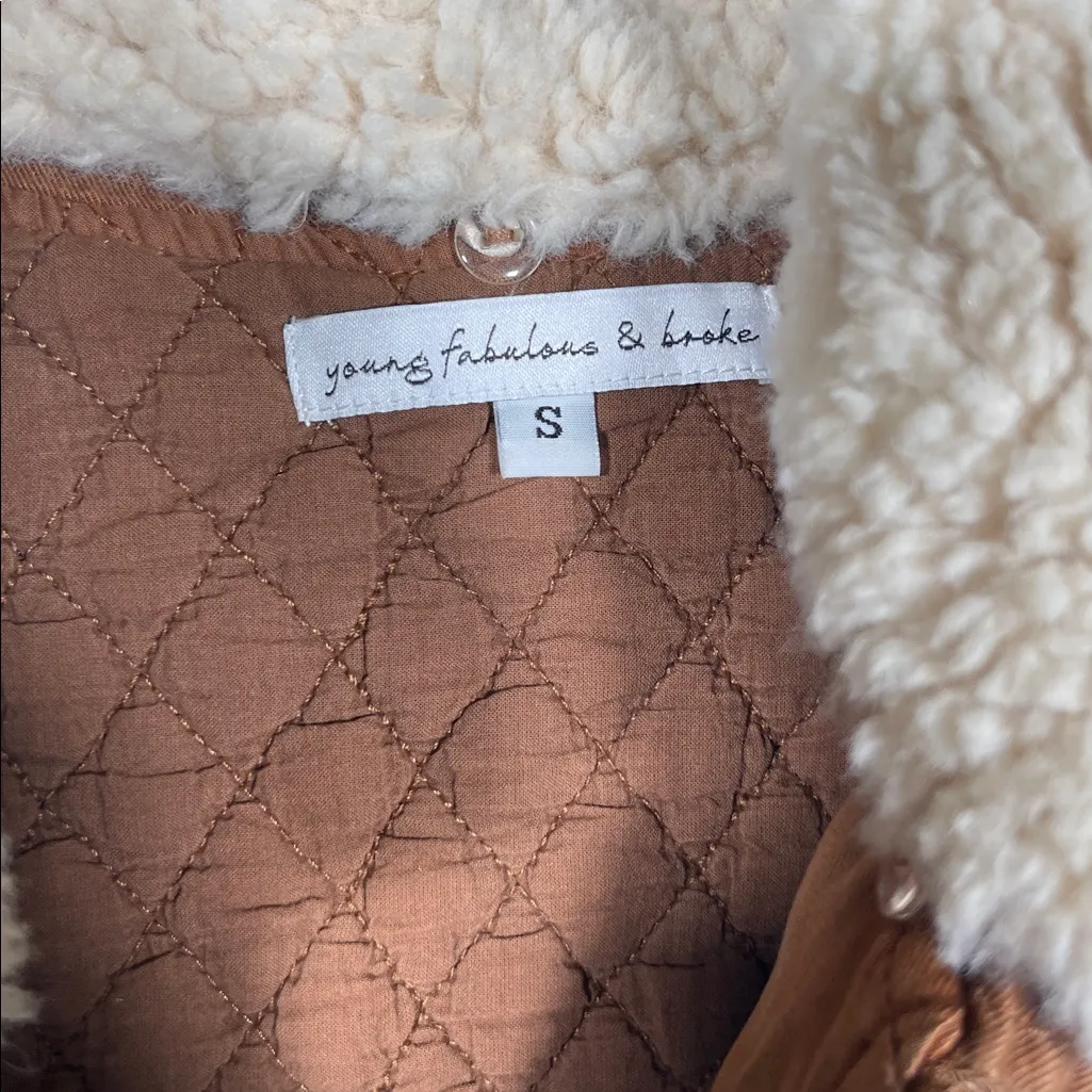 YOUNG FABULOUS & BROKE WOMENS SHERPA COLLAR TAN BOMBER JACKET SMALL - Image 2