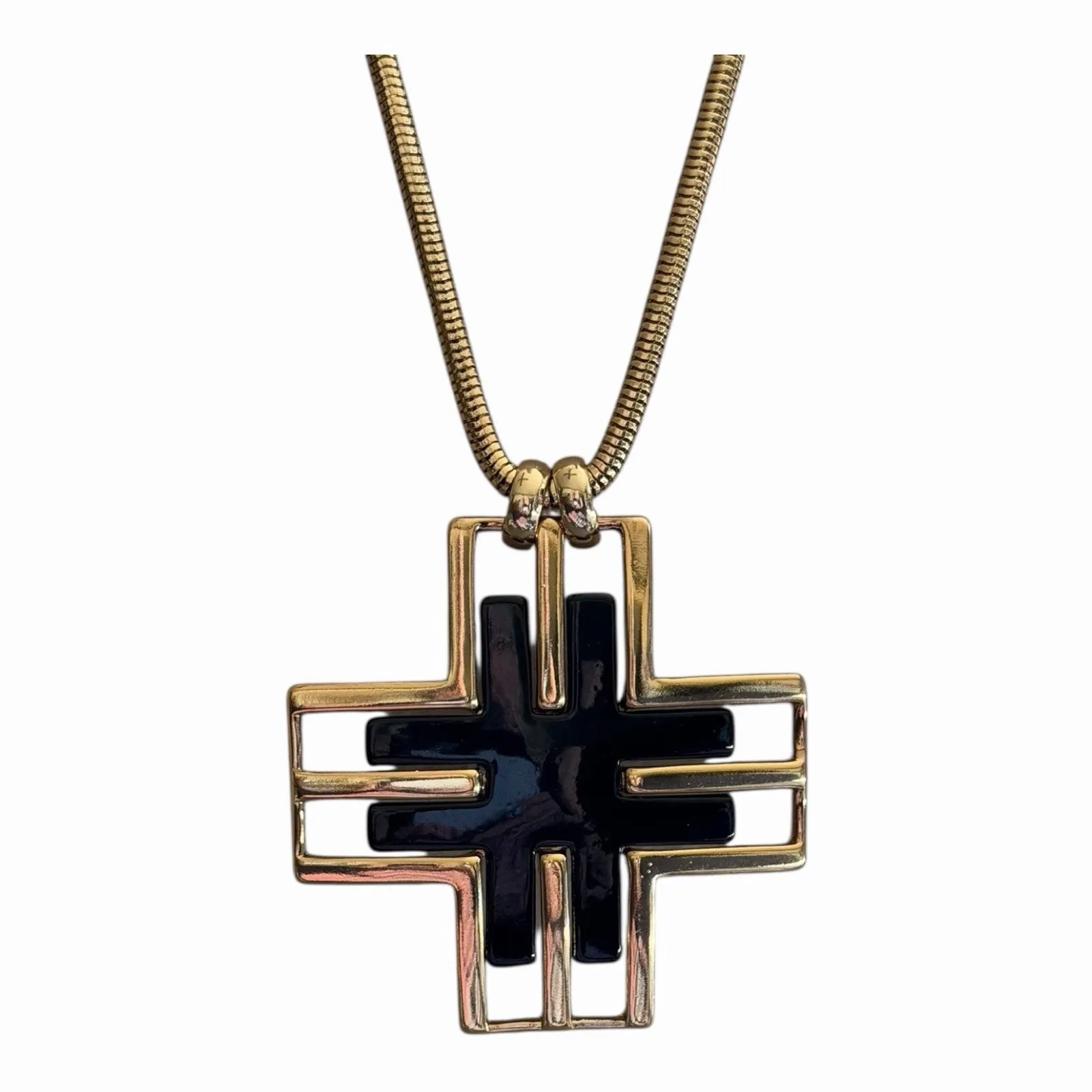Jules Smith Twitter Cross Statement Necklace Sleek Black Enamel Yellow Gold NWT - Image 11