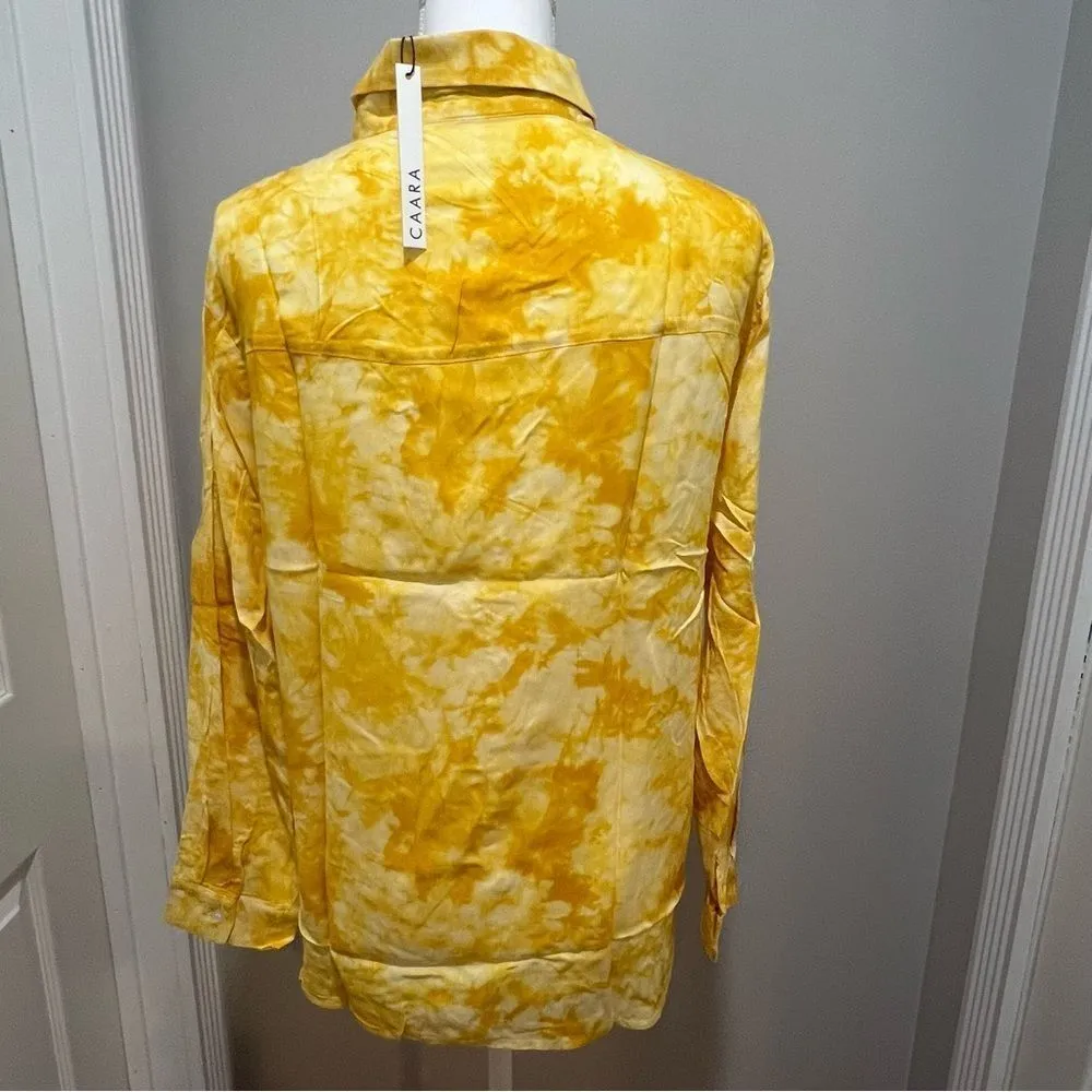 NWT Caara yellow and white tie dye Marble button down blouse women's size xxs Yellow - Image 10