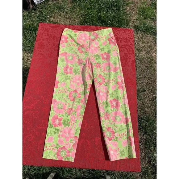 Saks 5th Avenue Real Clothes Floral Side‎ Zip Pants Womens Size 6 Green Pink - Image 2