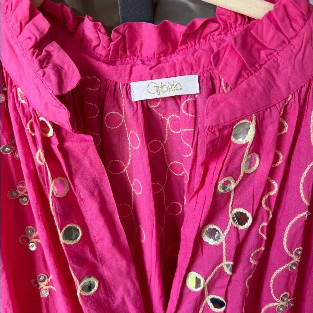 Gybizia Ebba mini dress embroidered mirror ruffles split tiered cerise barbie - Image 3