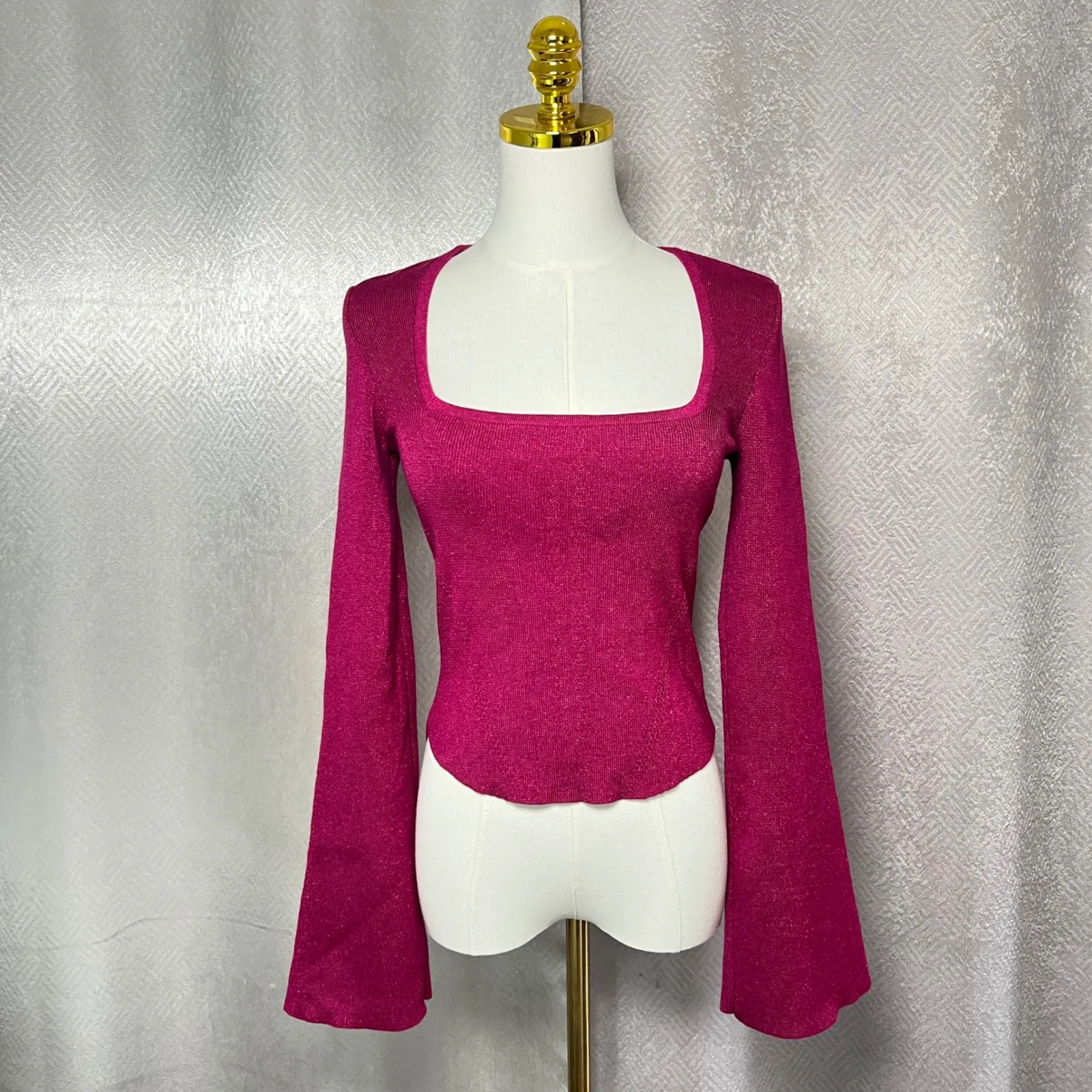 Maeve Anthropologie Sparkle Knit Square Neck Bell Sleeve Top Magenta XS Purple - Image 8