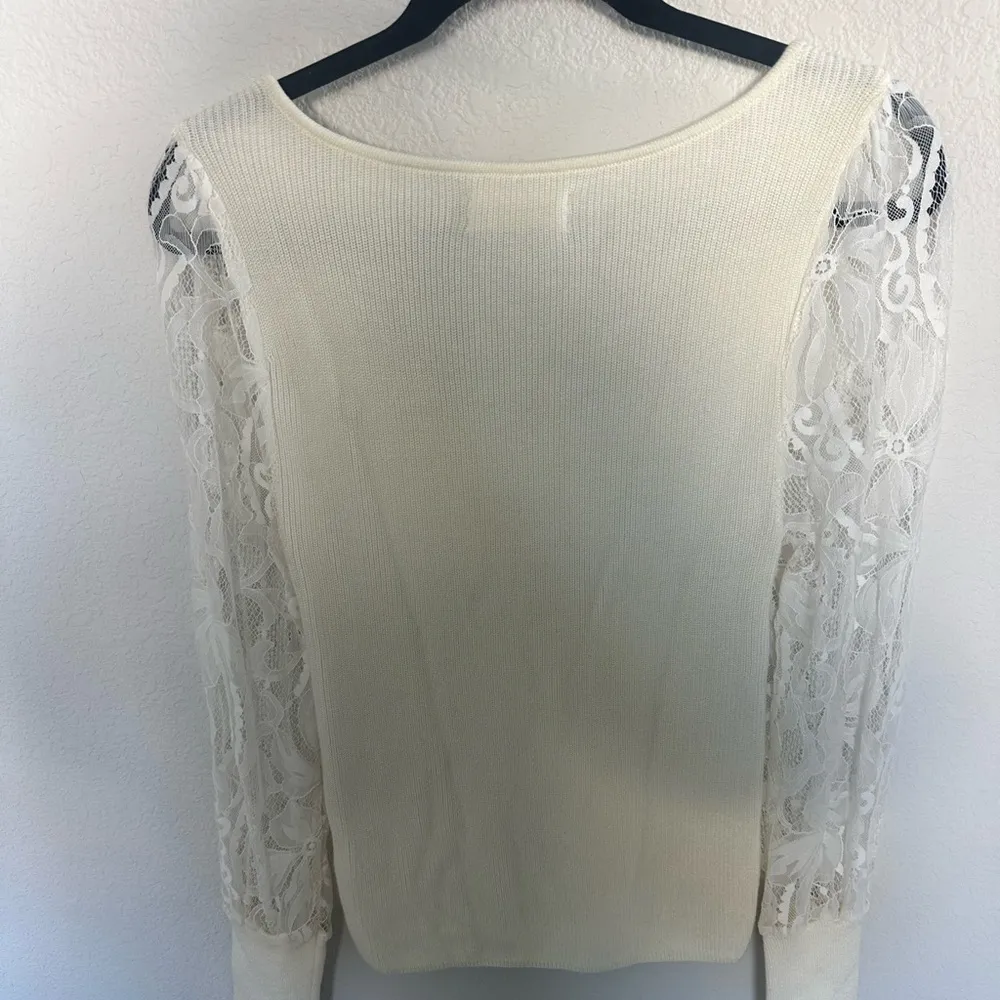 Anthropologie Lace Balloon Sleeve Ribbed Sweater Ivory Cream White XS - Image 8
