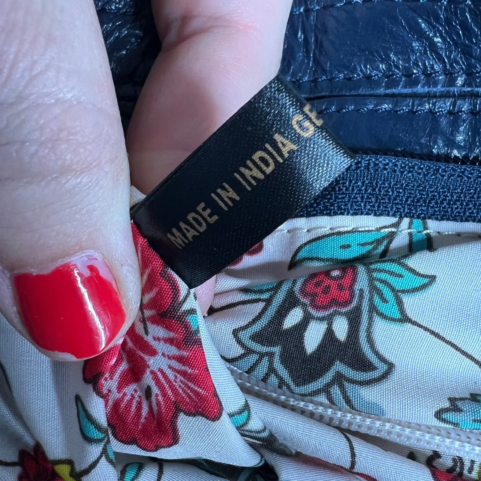 Latico Navy Blue Leather Tote Bag Shoulder Bag Handbag Floral Lining Scalloped - Image 12