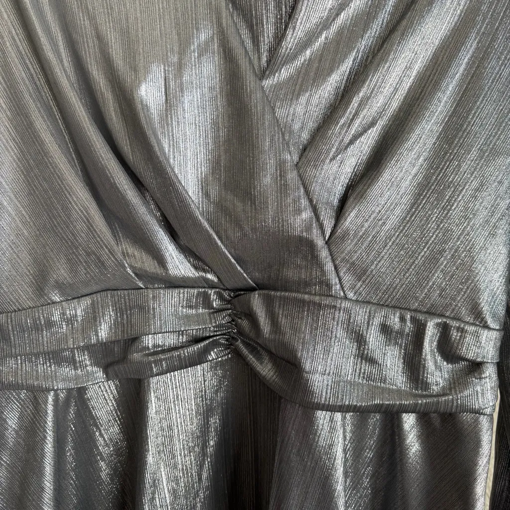 Glam Metallic Peplum Long Sleeve V Neck Silver Top Large Party Chic Party Flare - Image 2