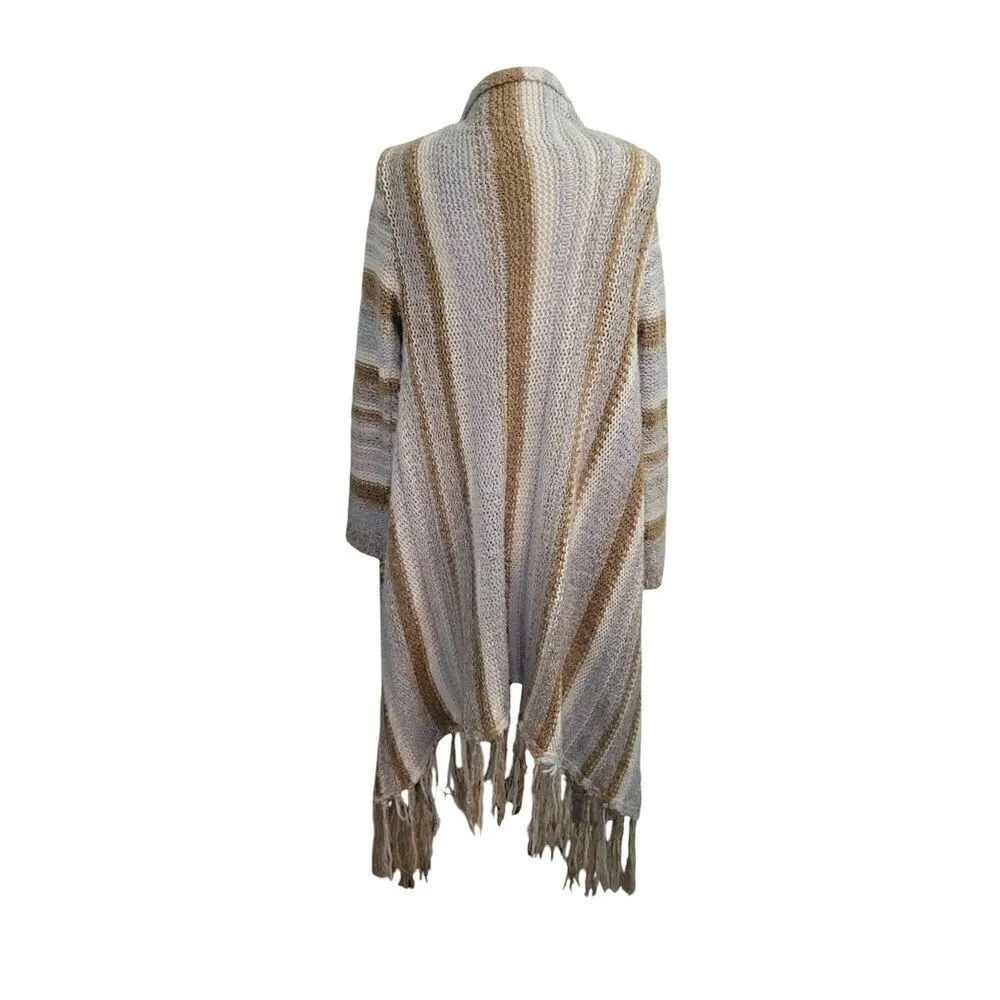 Knox Rose Open Front Cardigan Sweater Duster Fringe Knit Tan Striped Sz L, Hi Lo - Image 3
