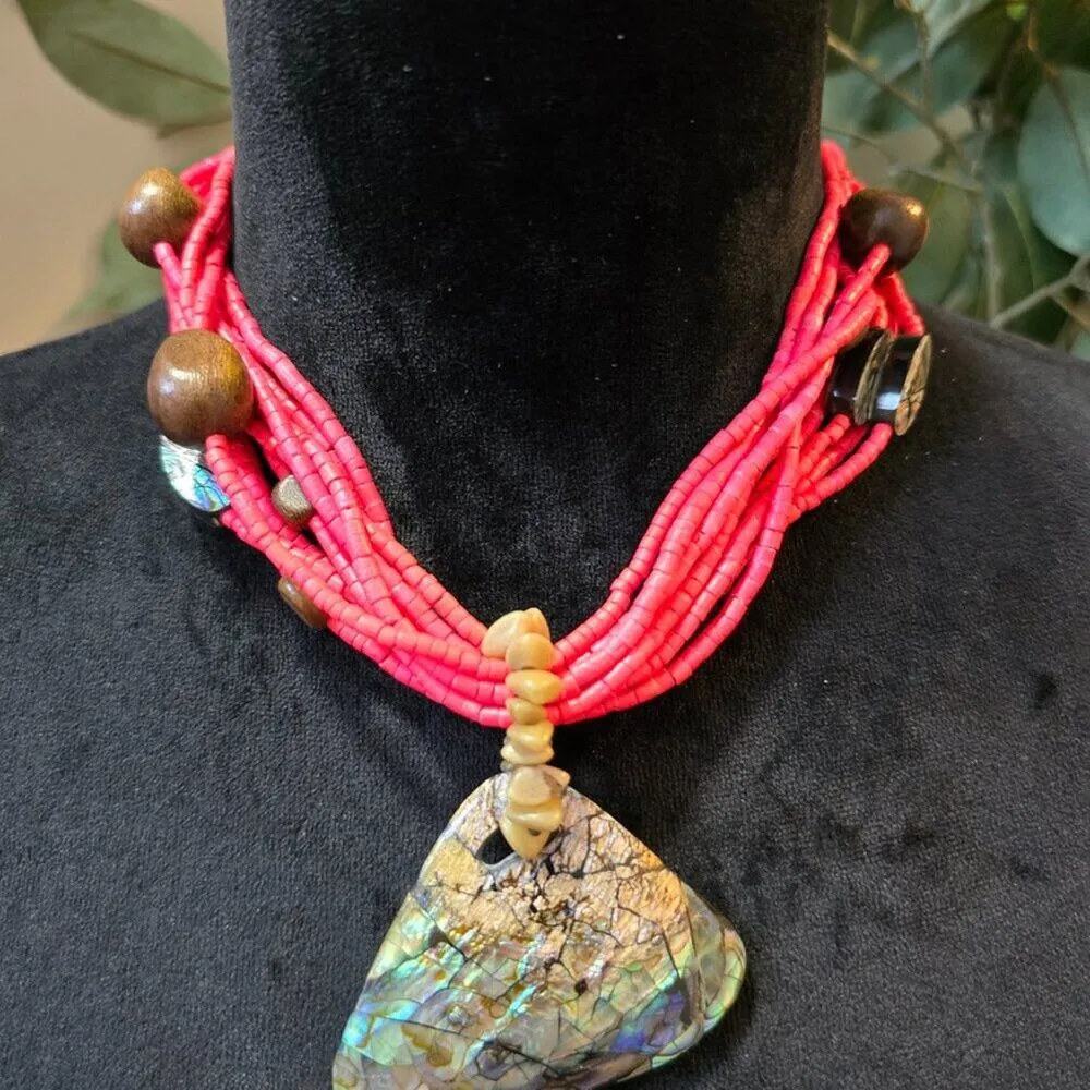 Womens Fashion Pink Seed Beads Fire Play Opal Pendant Necklace Jewelry - Image 2