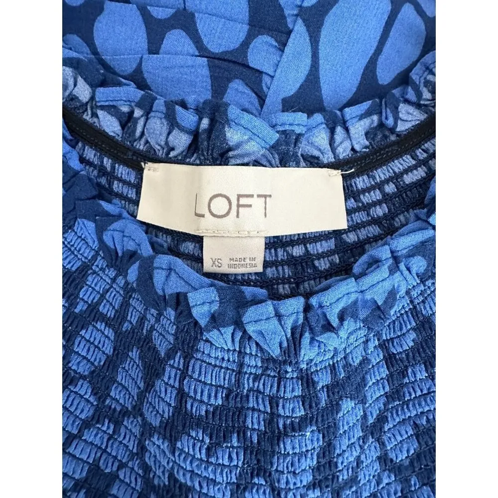 Ann Taylor Loft XS Dress Blue Smocked Neck Cheetah Animal Print Long Sleeve - Image 3