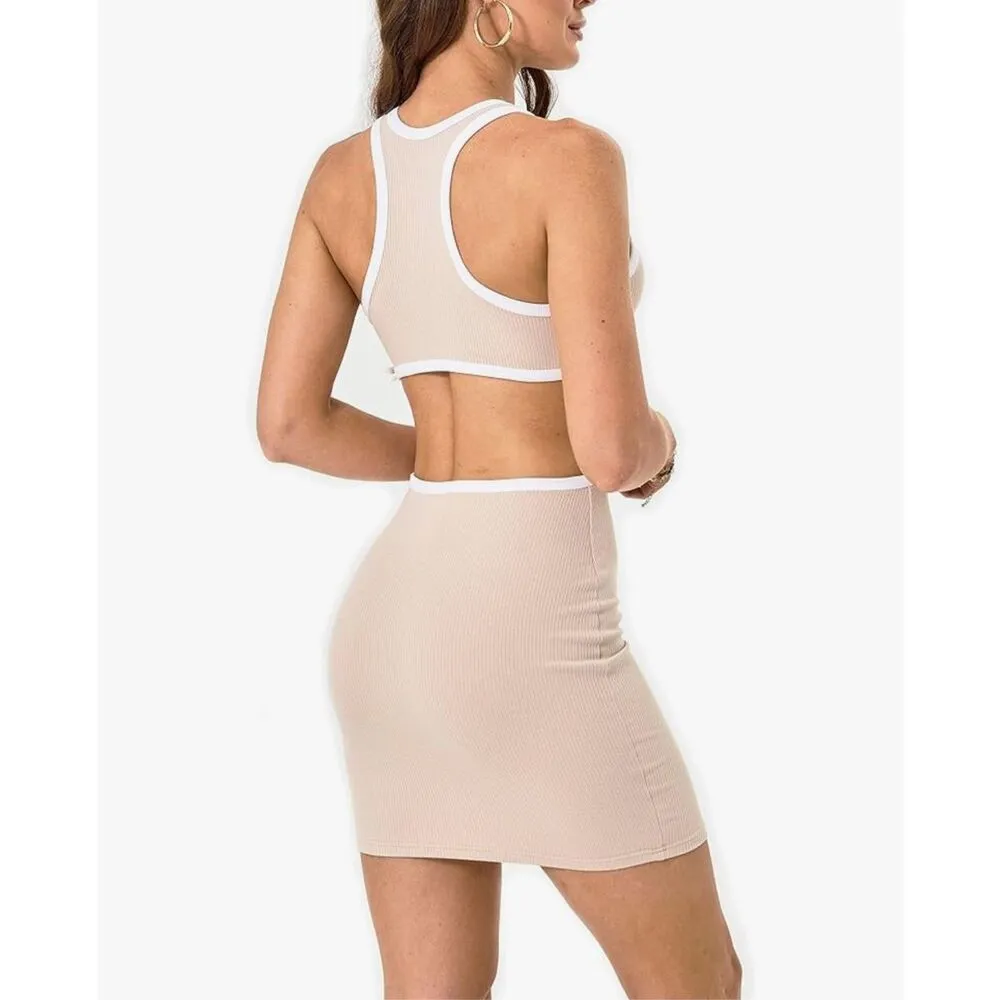 NEW Tan Cut Out Waist Open Back Bodycon Ribbed Mini Dress M Brown Size M - Image 2