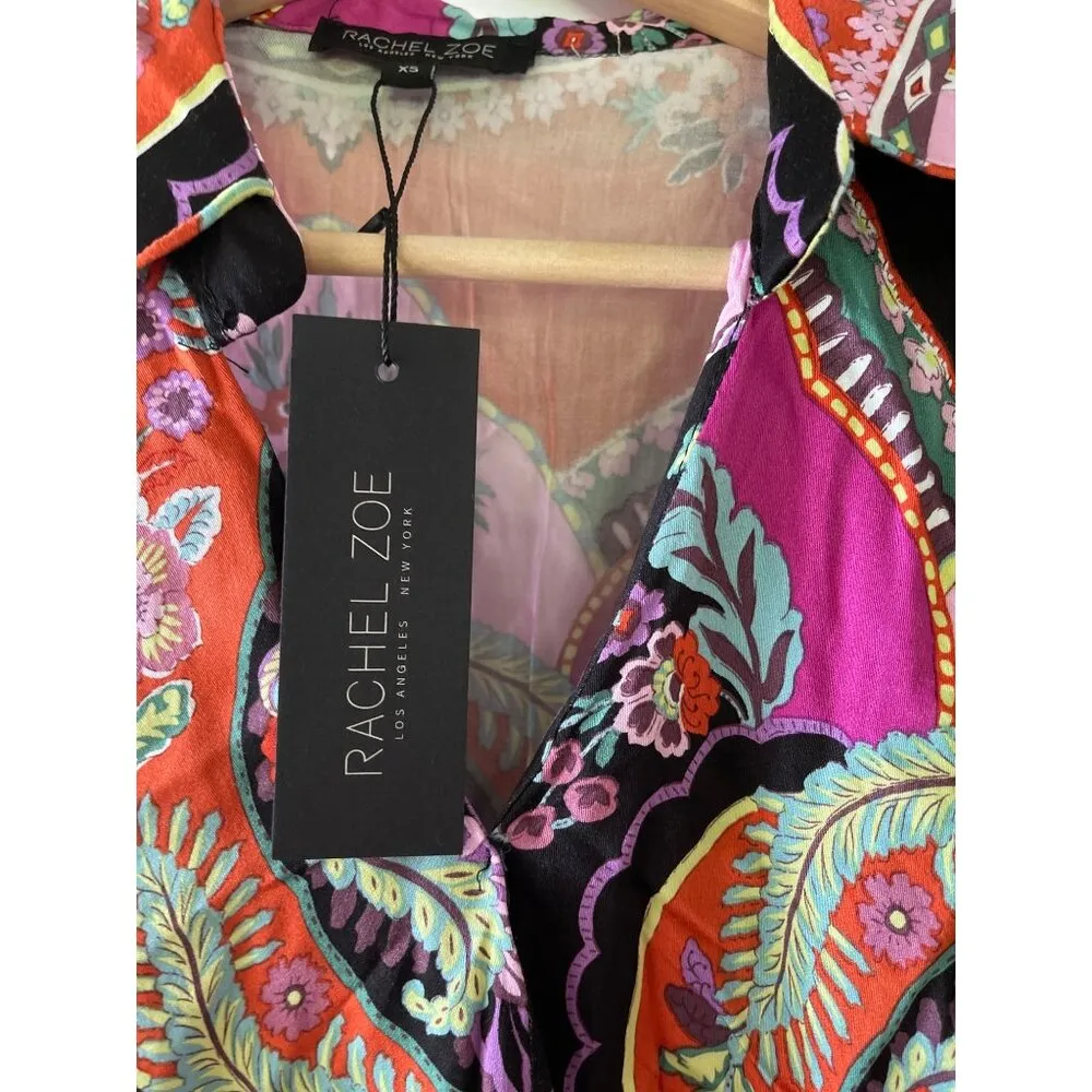 Rachel Zoe Cropped Wrap Top Collared Blouse Floral Black Boho Multi Size XS New - Image 2