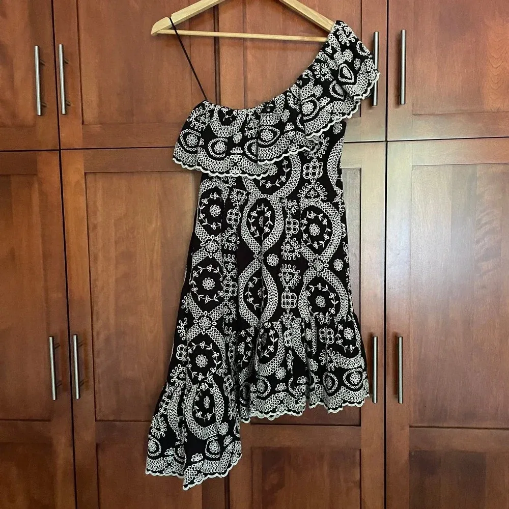 LoveShackFancy Pamela Dress One Shoulder Eyelet Lace Black Tan Size Small - Image 7