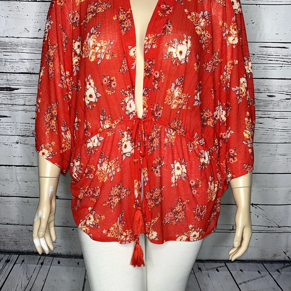 Cato Size 22/24W Red - Floral Print Tassel Tie Front Kimono Cardigan Top - Image 2