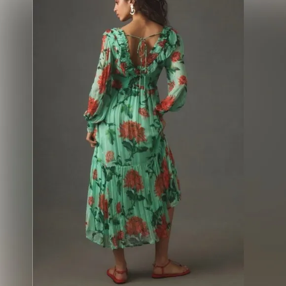 ANTHROPOLOGIE The Odetta Ruffled V-neck Dress Green and Red‎ Floral size Medium - Image 2