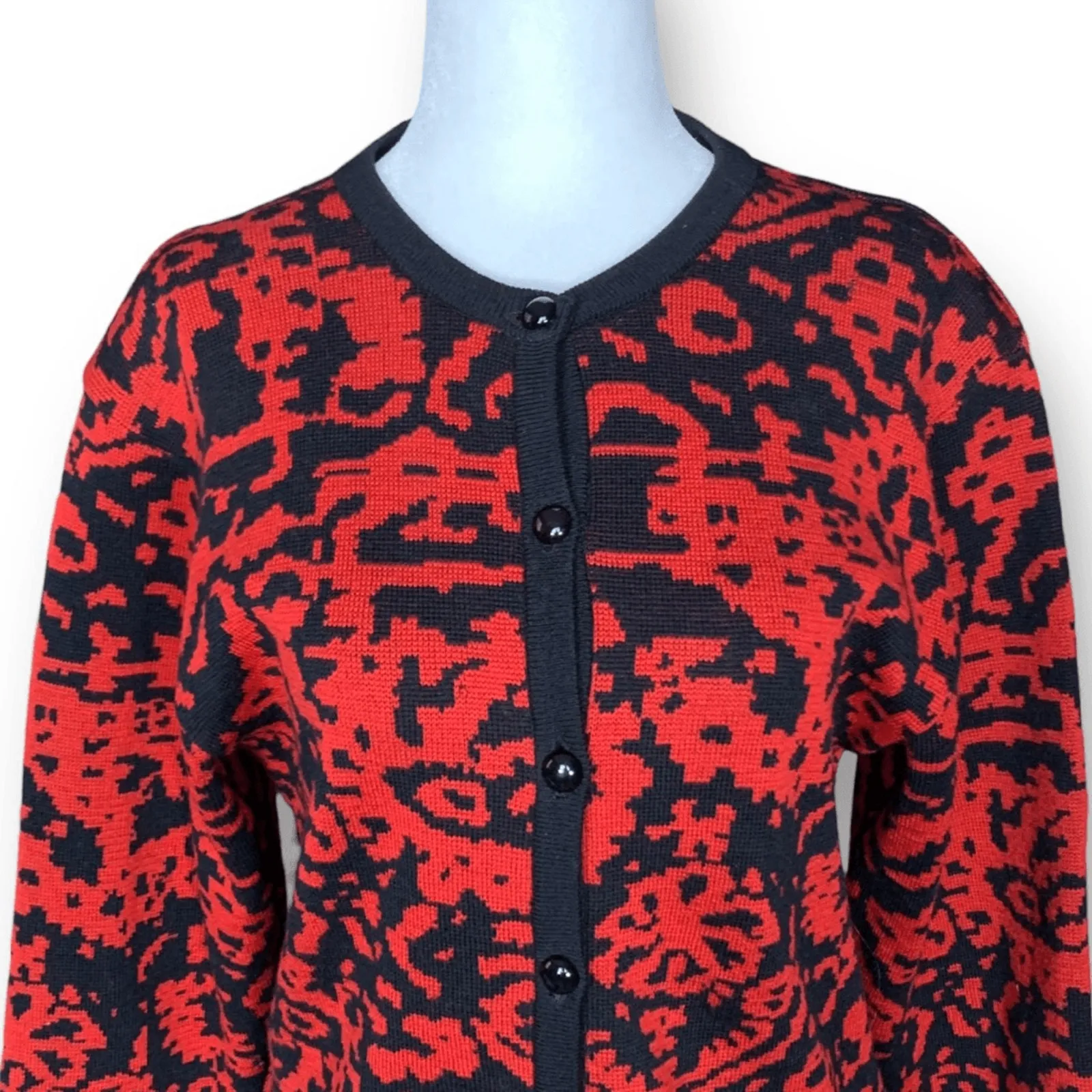 Vintage 80s Jaeger London Red Black Wool Knit Cardigan Sweater Abstract Floral - Image 5