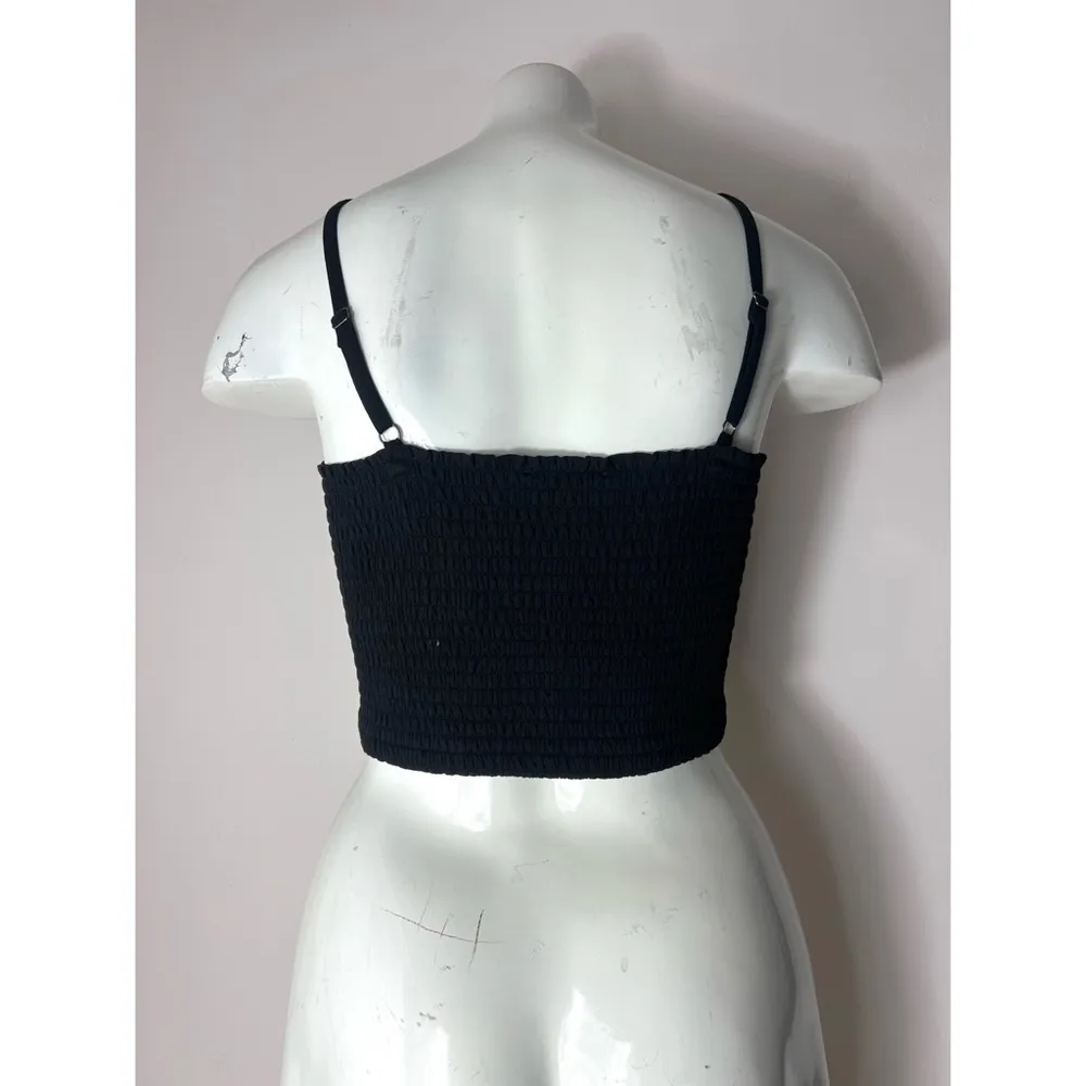 Express x Rocky Barnes Black Smocked Bow Tie Front Crop Top Stretchy Size L - Image 9