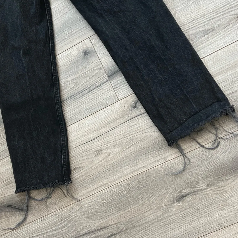 Zara Button Fly High Rise Straight Leg Raw Hem Jeans | Mineral Faded Black | 2 - Image 7