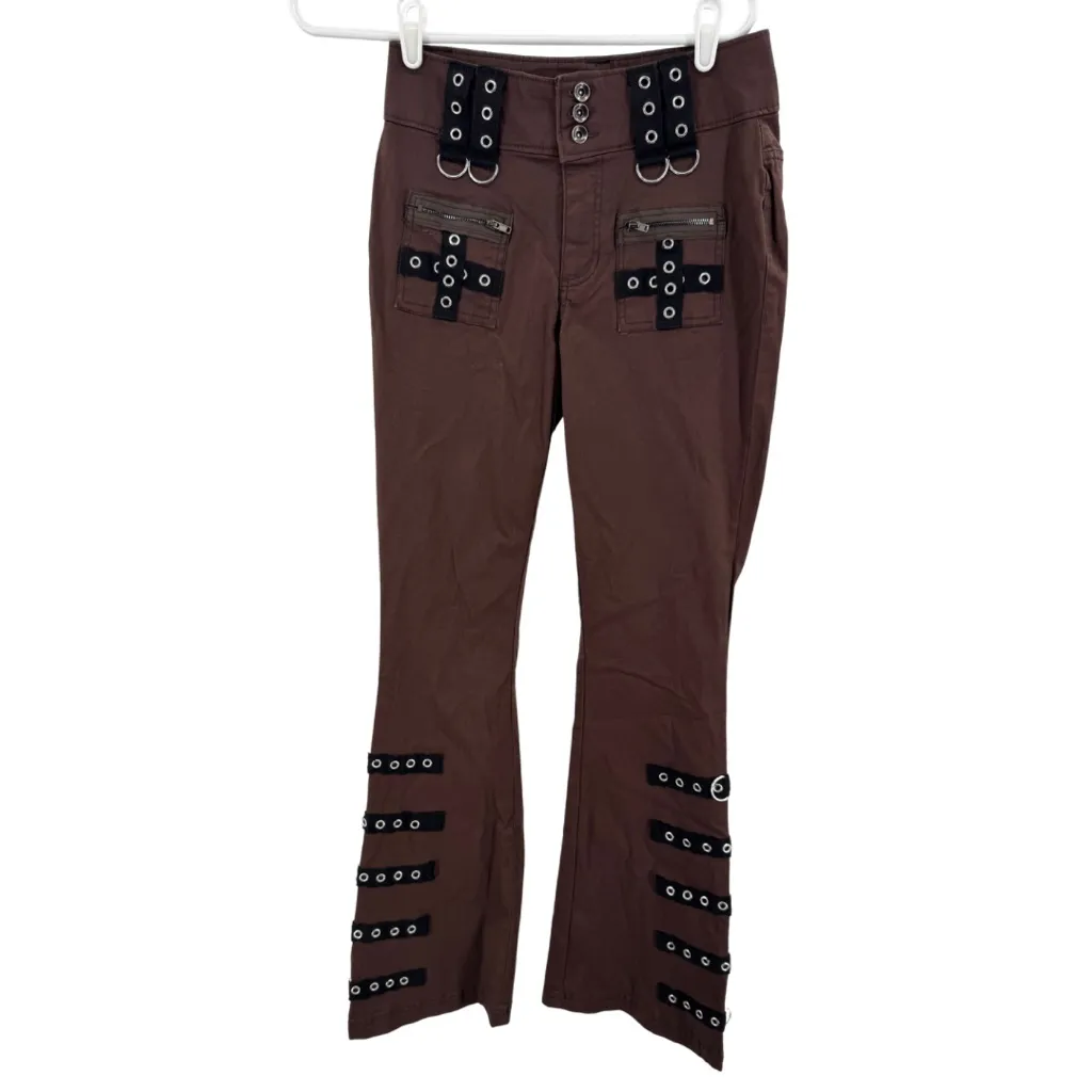Hot Topic Brown Contrast Grommet Strap Flare Pants 3 goth emo punk concert - Image 2