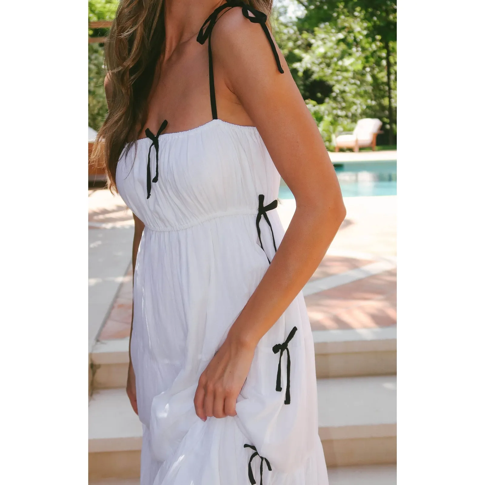 Show Me Your Mumu Harmony Maxi Dress White Voile with Black Bows XS NWT - Image 2