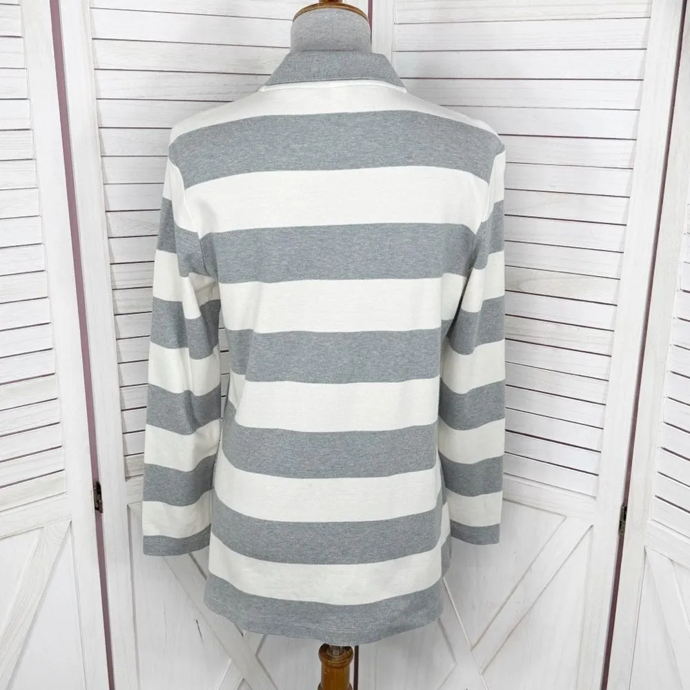 Moda International Rugby Stripes Button Front Cardigan Sweater Grey White Medium Gray - Image 4