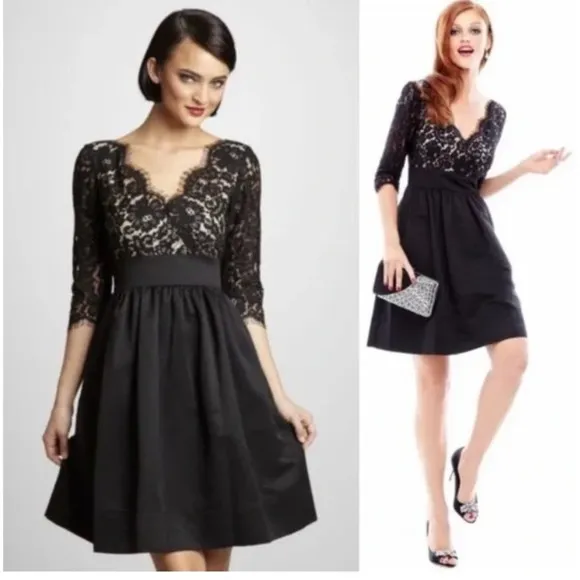 ELIZA J FLORAL EYELASH LACE FIT & FLARE HALF SLEEVE BLACK COCKTAIL DRESS - Image 2
