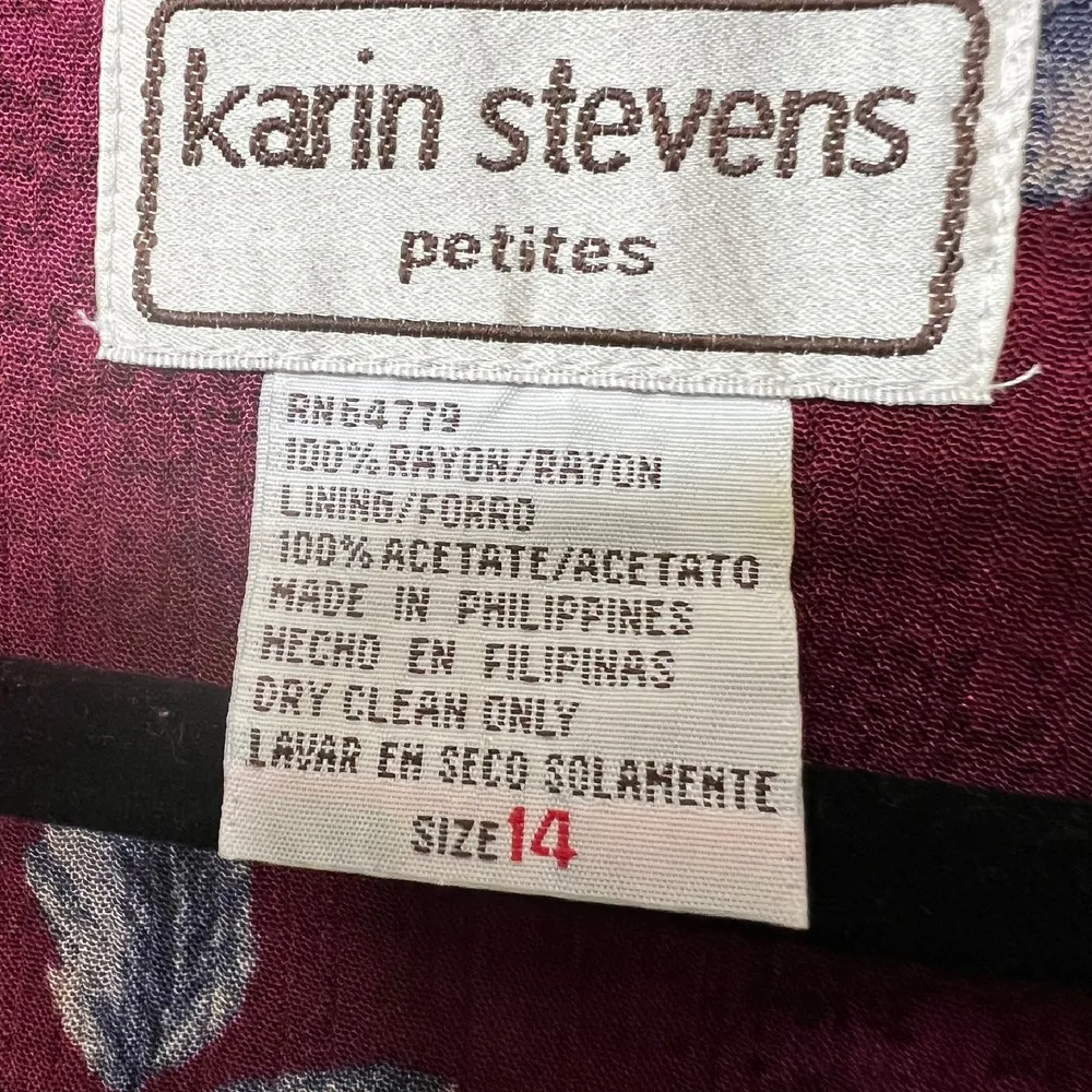 Vintage 90s Karin Stevens Floral Rose Print Button Front Top Blouse Burgundy 14 - Image 2
