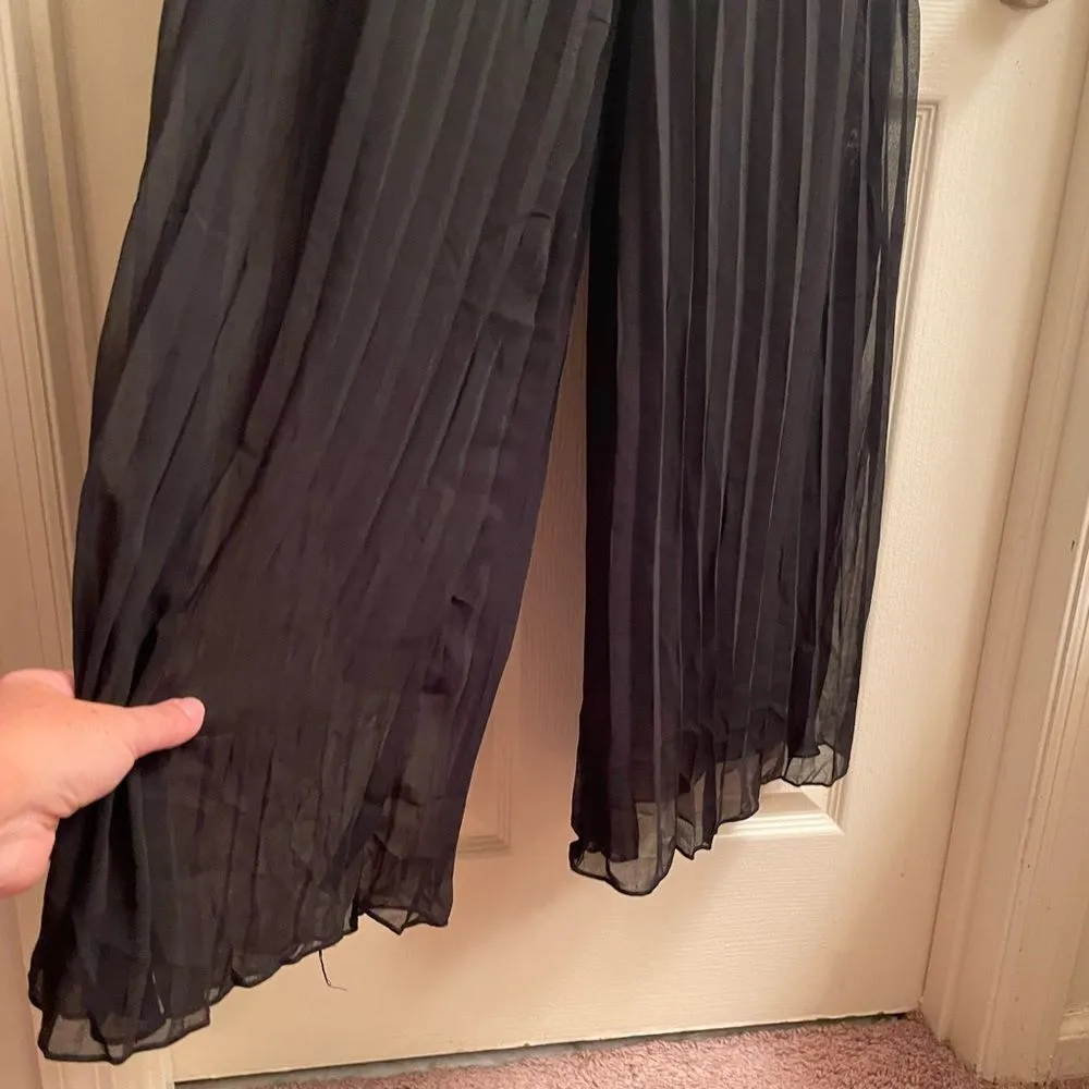 Uniq Sheer Pleated Wide Leg Pants w/Satin Waistband SM Black - Image 2