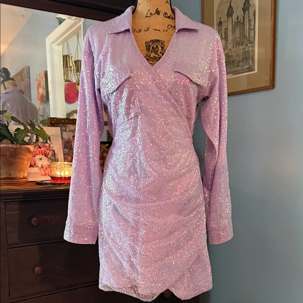 Les Lis Purple Lavender Iridescent Sequin Mini Dress - Image 2