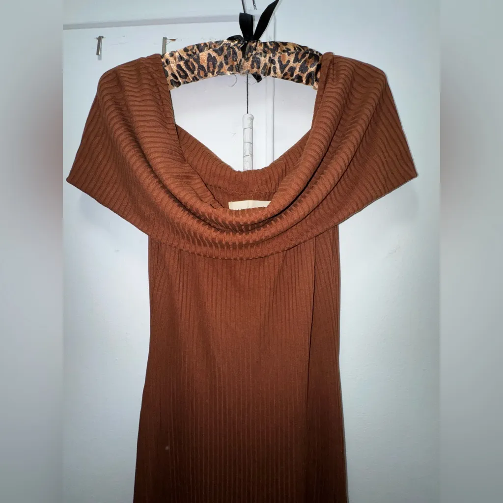 Mara Hoffman Imogen ribbed off-the-shoulder midi dress in a russet brown color L - Image 4