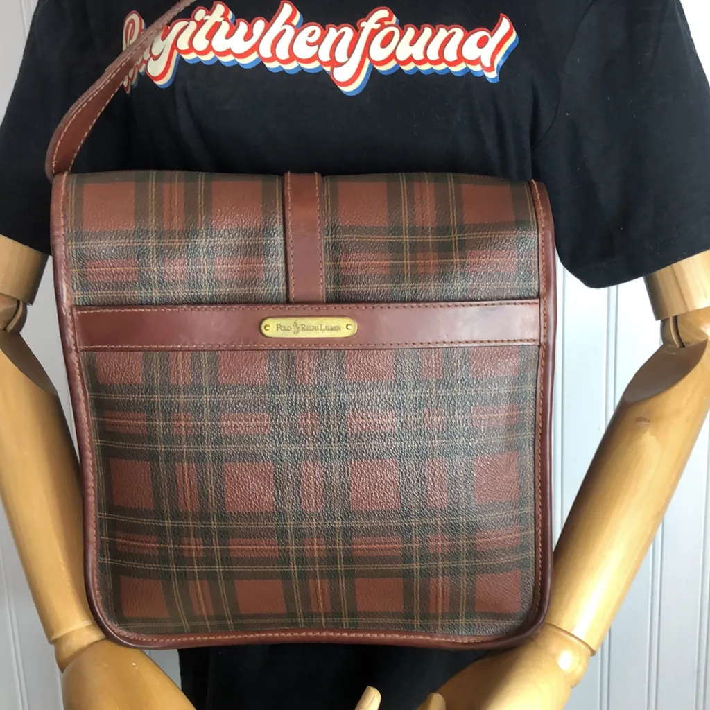 RALPH LAUREN Tartan Plaid Brown Green Plaid Doctor's Crossbody Messenger Bag - Image 5